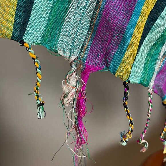 Long Striped Scarf Woven Sparkle Fringe Boho Metallic 82" x 28.5" Green Purple - Picture 7 of 11